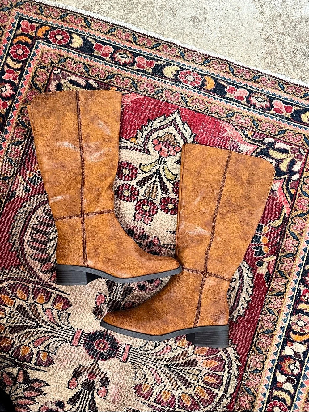wide calf brown stitched boots